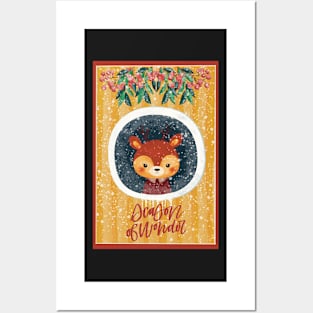 Cute Christmas card with a little reindeer looking out of a window. Outside snowing. Posters and Art